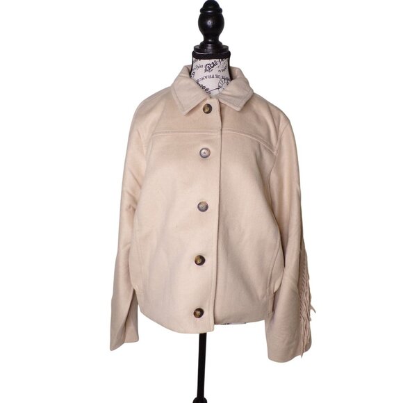 🆕ANN TAYLOR Fringe Bomber Jacket Wool Blend Lined Beige Medium - Picture 4 of 11